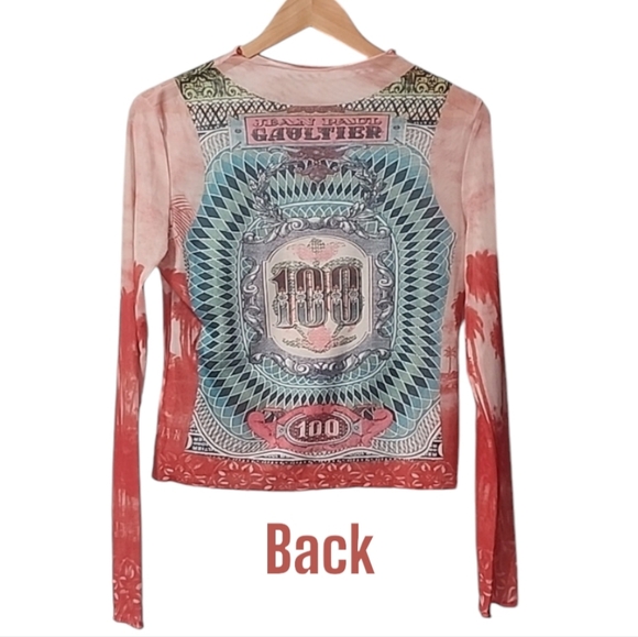 Bank Note Tatoos Nylon Mesh Crop Top M Long Sleeve Punk Goth Streetwear - Picture 5 of 8